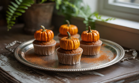 Four pumpkin cupcakes topped with small decorative pumpkins on a silver tray, dusted with cinnamon, ready for fall holidays.の素材
