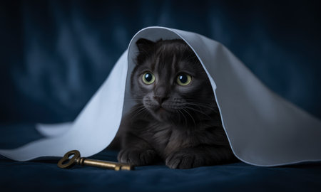 Sleek black cat with bright green eyes peeking from under a white sheet, mimicking a ghost costume. an antique brass key lies nearby, adding a mysterious and curious element to the scene.の素材