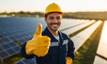 Smiling male engineer in hard hat and gloves giving thumbs up at a solar panel field, symbolizing renewable energy and sustainability.の素材