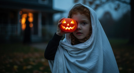 Young girl dressed as a ghost holds a glowing jack o lantern over her eye, celebrating halloween outdoors at dusk.の素材