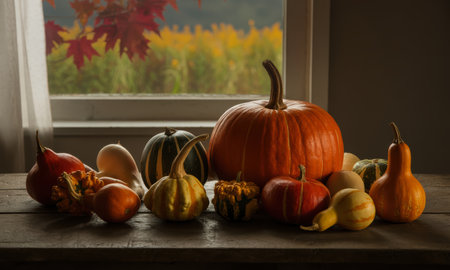 Colorful pumpkins and gourds arranged on a rustic wooden table. autumn foliage visible through a window, creating a seasonal harvest display.の素材