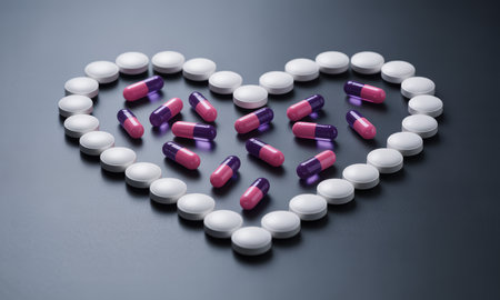 White round pills forming a heart outline, with pink and purple pharmaceutical capsules scattered inside on a dark, reflective surface, symbolizing health and medicine.の素材