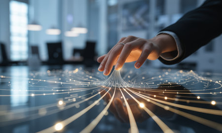Businessman hand interacts with a glowing digital data visualization, representing global network connection, big data, and future technology in an office.の素材
