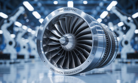 Precision engineered metallic turbine engine component with intricate blades, set in a modern automated industrial factory with robotic arms.の素材