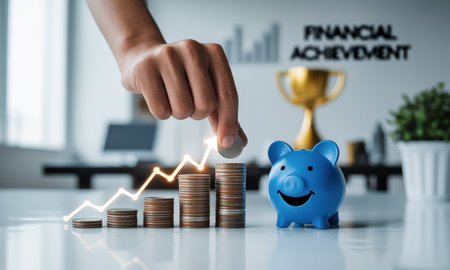 Human hand placing a coin on a rising stack of money with an upward arrow, symbolizing financial growth, savings, and investment. a blue piggy bank and a trophy are in the background.の素材