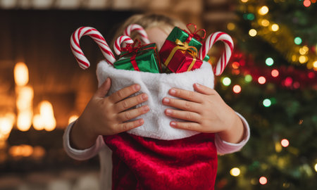 Child hands holding a red velvet christmas stocking overflowing with colorful gift boxes and striped candy canes, set against a warm, blurred holiday background.の素材