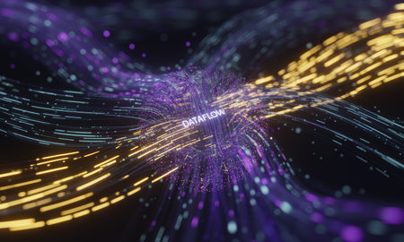 Digital data streams and particles converging in an abstract network tunnel, symbolizing high speed information transfer and technology.の素材