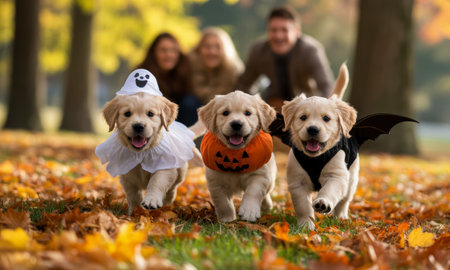 Three golden retriever puppies in halloween costumes, including ghost, pumpkin, and bat, running happily through colorful autumn leaves in a park.の素材