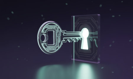 Futuristic digital key with glowing circuit board patterns inserted into a secure keyhole, symbolizing access, technology, and data security.の素材