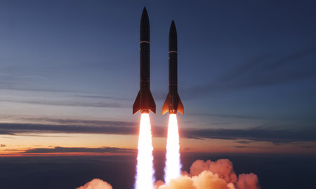 Two powerful missiles launching vertically into a vibrant twilight sky, with bright fiery exhaust plumes illuminating the clouds below.の素材