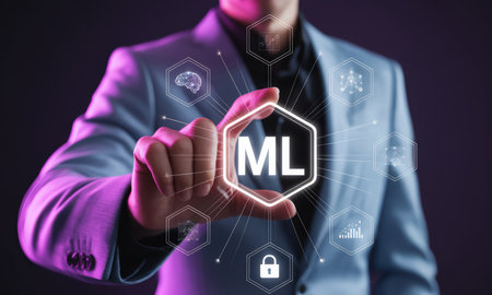 Businessman hand touching a glowing ML icon, surrounded by digital symbols representing machine learning, artificial intelligence, and data technology.の素材