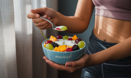 Woman hands holding a light blue bowl of creamy yogurt topped with fresh grapes, cherries, blackberries, raspberries, and mango, taking a spoonful. healthy eating concept.の素材