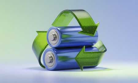 Two blue batteries encircled by a vibrant green recycling symbol, representing sustainable energy, environmental conservation, and responsible waste management.の素材