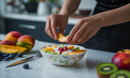 Woman hands carefully placing sliced fruit into a bowl of creamy yogurt, surrounded by fresh mangoes, blueberries, and kiwi on a kitchen counter, emphasizing healthy eating and breakfast preparation.の素材