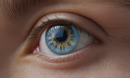 Detailed close up of a human eye, showcasing the intricate blue iris with a unique yellow pattern around the black pupil, surrounded by eyelashes and skin.の素材