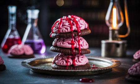 Three brain shaped halloween cookies stacked on a plate, covered in dripping red syrup, set in a dark, spooky laboratory with beakers.の素材