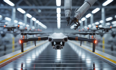 Advanced drones moving along an automated assembly line in a modern, high tech factory with robotic arms. focus on industrial manufacturing and future technology.の素材