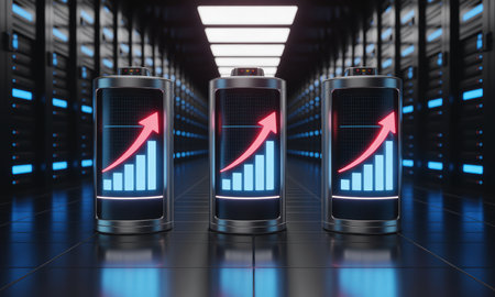 Three industrial batteries with glowing blue screens displaying upward trending bar graphs and red arrows in a data center, representing increasing power, efficiency, and technological progress.の素材