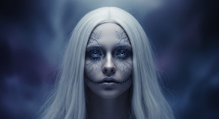 Woman with long white hair, pale skin, and striking blue eyes, adorned with intricate ethereal ghost makeup featuring branch like patterns and a stitched mouth.の素材