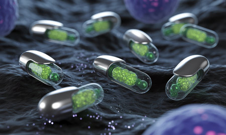 Futuristic metallic capsules containing glowing green elements, moving across a dark, textured biological surface with blurry cellular structures.の素材