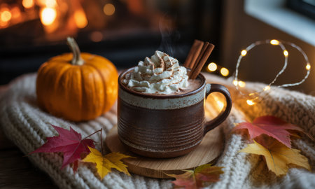 Warm hot chocolate in a rustic mug topped with whipped cream and cinnamon sticks, surrounded by a knitted blanket, autumn leaves, a small pumpkin, and string lights, with a blurred fireplace in the background.の素材