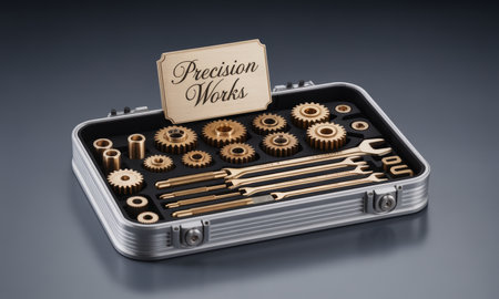 Brass gears, wrenches, and mechanical components meticulously arranged in a professional silver briefcase, symbolizing precision engineering and quality craftsmanship.の素材