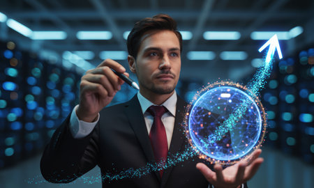 Businessman in a suit uses a stylus to manipulate a glowing digital sphere with an upward arrow, symbolizing growth and data in a server environment.の素材
