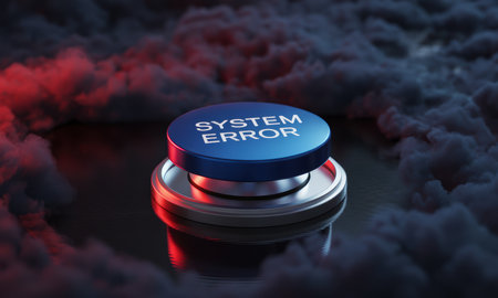 Blue button with SYSTEM ERROR text, centered, surrounded by dark, ominous smoke with red highlights. represents a critical computer malfunction, data loss, or cybersecurity threat.の素材