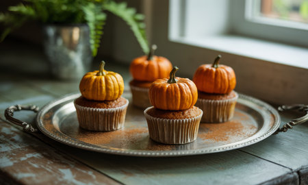 Four homemade pumpkin spice cupcakes topped with decorative mini pumpkins, arranged on a vintage silver tray, perfect for fall holidays and celebrations.の素材