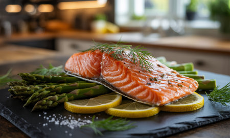 Vibrant salmon fillet seasoned with herbs, served with fresh green asparagus and bright lemon slices on a dark slate plate, ready for cooking.の素材