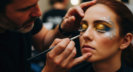 Professional makeup artist applying elaborate gold, blue, and silver theatrical makeup to a woman face. focus on beauty, artistry, and transformation.の素材
