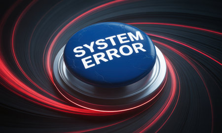 Blue button displaying SYSTEM ERROR text, surrounded by dynamic red light trails on a dark, abstract background, symbolizing a critical technical malfunction or digital problem.の素材