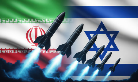 Ballistic missiles launching against a backdrop of the iranian and israeli flags, representing military escalation and geopolitical conflict in the middle east.の素材
