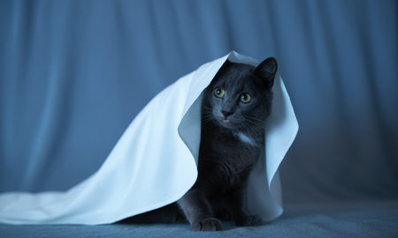 Grey cat with bright green eyes peeking out from under a white sheet, resembling a playful ghost or hiding.の素材
