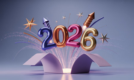 Vibrant 3D metallic numbers 2026 bursting dynamically from an open box, surrounded by festive fireworks, sparkling stars, and confetti, symbolizing new beginnings and celebration.の素材