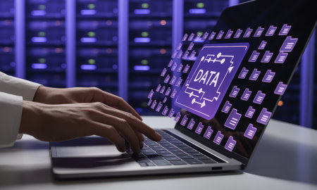 Hands typing on a modern laptop displaying a glowing holographic data interface with floating file icons in a secure server room.の素材