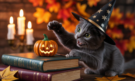 Grey cat wearing a black wizard hat with stars, playfully batting at a glowing jack o lantern pumpkin on a stack of vintage books, surrounded by autumn leaves and candles, creating a cozy halloween scene.の素材