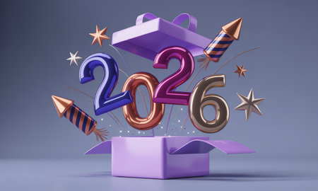 Glossy 2026 numbers, firework rockets, and stars dynamically bursting from an open gift box, symbolizing new year celebration and future events.の素材