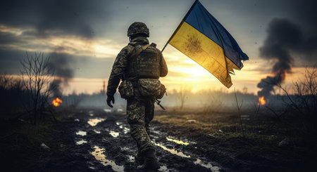 Determined soldier in combat gear walks through a muddy, desolate war zone, holding the ukrainian flag. smoke and fires are visible under a dramatic sunset sky.の素材