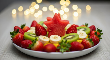 Fresh fruit platter featuring a star watermelon, ripe strawberries, sliced kiwi, and banana, presented on a white plate with festive bokeh lights in the background.の素材