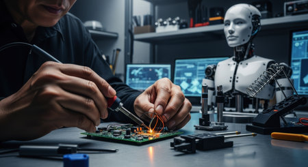 Engineer soldering electronic components onto a circuit board. a humanoid robot and computer monitors are in a modern technology laboratory, symbolizing robotics and AI development.の素材