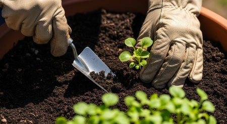 Gardener hands wearing leather gloves carefully planting a small vibrant green seedling into fertile dark soil in a large terracotta pot, symbolizing growth and new life.の素材