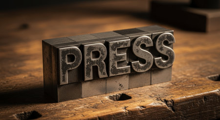 Metal letterpress blocks spelling PRESS on a rustic wooden workbench, symbolizing news, media, journalism, and traditional publishing.の素材