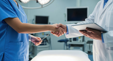 Two healthcare professionals, a doctor and a surgeon, shaking hands in a modern operating room, symbolizing trust, partnership, and successful collaboration in medicine.の素材