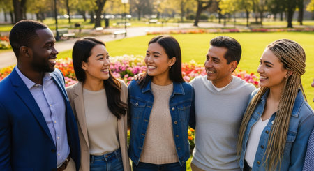 Diverse group of young adults smiling and laughing together in a vibrant green park with colorful flowers on a sunny day, symbolizing friendship and community.の素材
