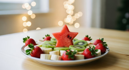 Fresh fruit platter featuring a star shaped watermelon, vibrant strawberries, kiwi, and banana slices arranged on a white plate with festive bokeh lights.の素材