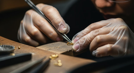 Jeweler gloved hands meticulously working on a delicate gold jewelry piece with tweezers, showcasing precision and craftsmanship on a workbench.の素材