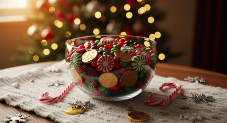 Glass bowl brimming with colorful christmas candies, chocolate coins, and peppermint swirls on a white knitted tablecloth. scattered candy canes and snowflake decorations with a blurred festive christmas tree in the background.の素材
