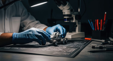 Engineer hands in blue gloves meticulously adjusting a detailed lunar rover model on a technical blueprint in a dimly lit laboratory, surrounded by tools and a microscope.の素材