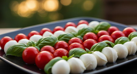 Fresh caprese salad platter featuring neatly arranged rows of glistening red cherry tomatoes, white mozzarella balls, and vibrant green basil leaves, ready to be served.の素材
